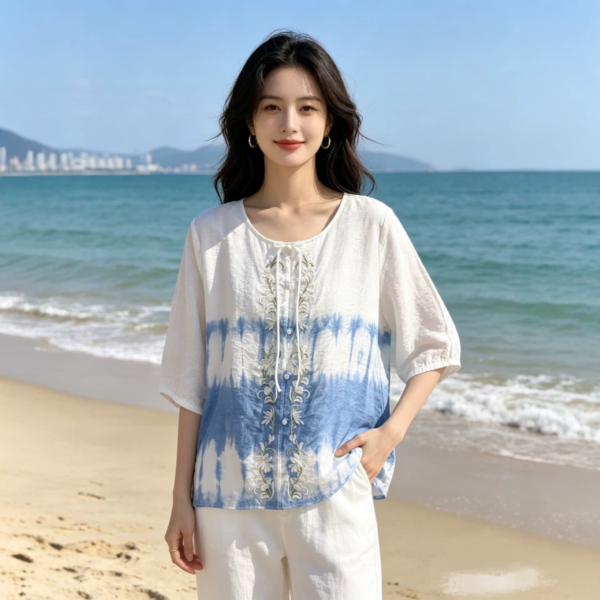 Wholesale Handmade Pure Plant-Based Indigo-Dyed Tie-Dye Loose Embroidered Women's Blouse from Dali, Yunnan
