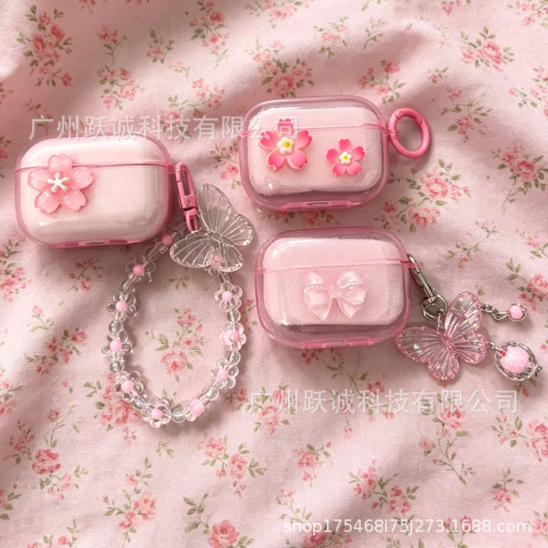 Pink Glitter Suitable for AirPods Protective Case, Cherry Blossom Bow, Apple Bluetooth Earphone Case with Butterfly Chain