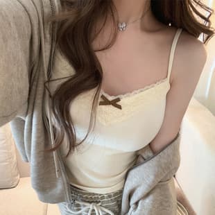 Sweet Sexy Lace Trim Camisole Top with Built-in Pads, Butterfly Bow, Short Fit Sleeveless Design