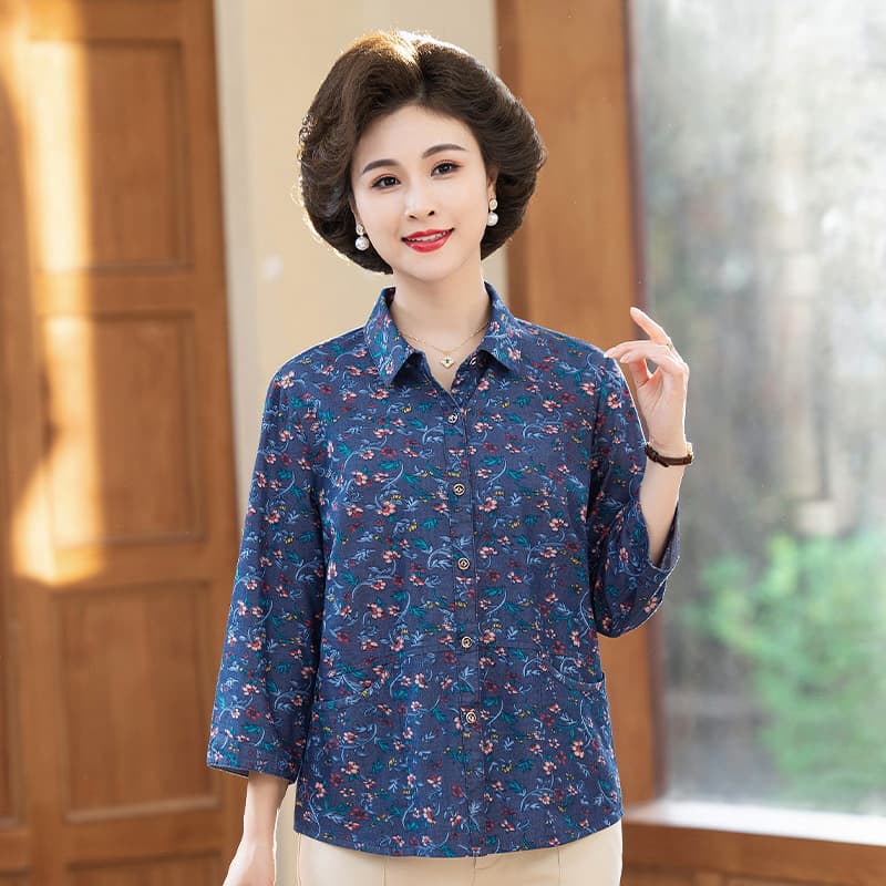 Middle-Aged and Elderly Women's Three-Quarter Sleeve Denim Shirt 2024 Spring New
