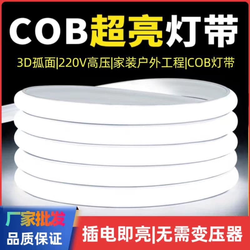 220V Outdoor Waterproof COB Self-Adhesive LED Strip Light, High Brightness for Home Living Room Ceiling Engineering