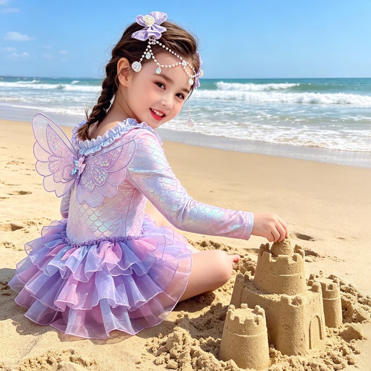 Girls Symphony Wings Mermaid One-piece Swimsuit 2026 Summer Princess Swimsuit Baby Sun Protection Long Sleeve Swimsuit