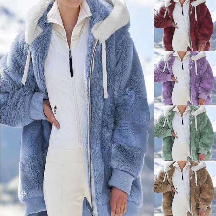 In Stock Wish Independent Station 2021 Amazon Hot Selling New Autumn and Winter Loose Fleece Zipper Hooded Jacket for Women