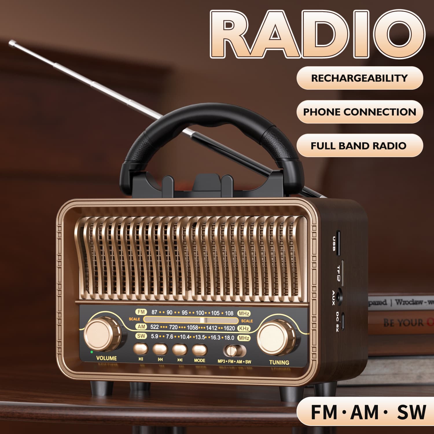 2025 new retro radio portable AM/FM/SW with USB rechargeable battery and antenna