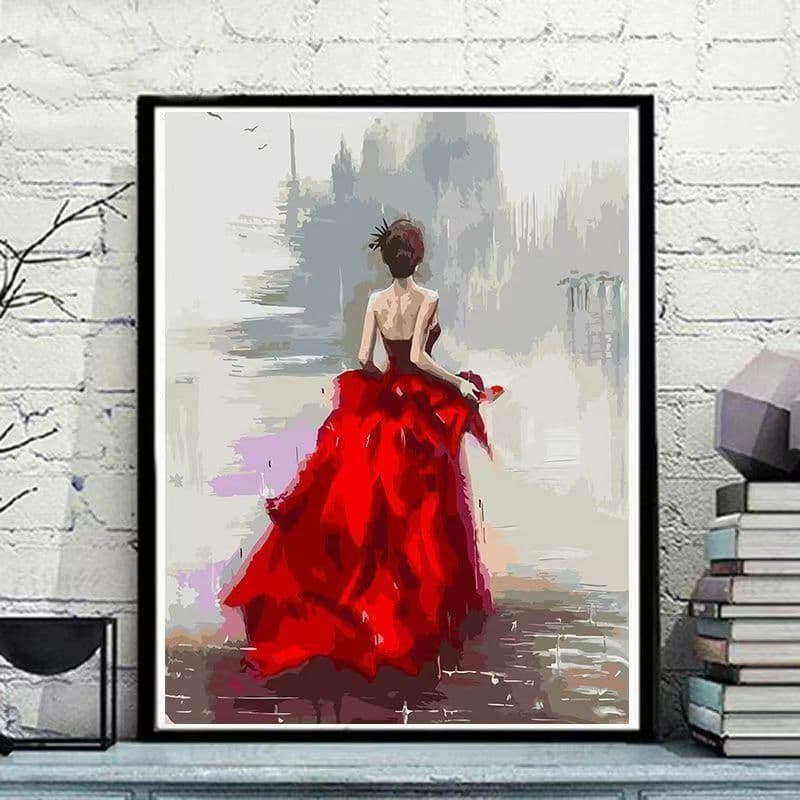 Red dress back digital oil painting diy light luxury healing hand painting decompression artistic goddess room decoration painting