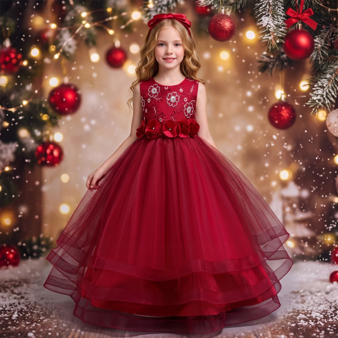 Cross-border burgundy girls long dress three-dimensional flower embroidery mesh tutu skirt Christmas catwalk flower girl princess dress