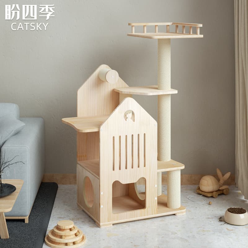 Cat Tree Solid Wood Cat Condo Integrated Space Capsule Small Cat Tree Floor-to-Ceiling Post Cat Toy