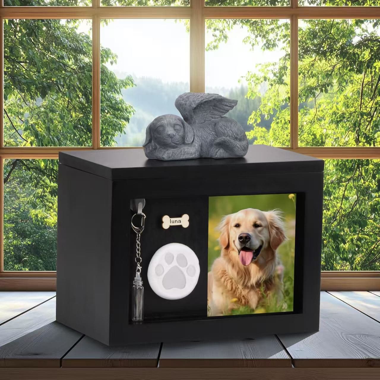 Wooden cat and dog pet ash storage box, small animal funeral coffin box, solid wood dog urn with photo attachment