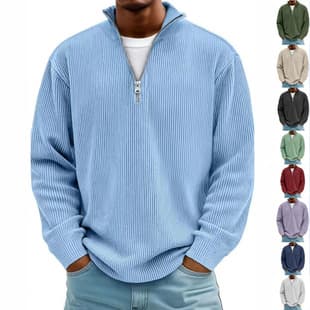 2026 Amazon Fall New Men's Casual Top Stand Collar Zip Corduroy Long Sleeve Men's Polo Shirt