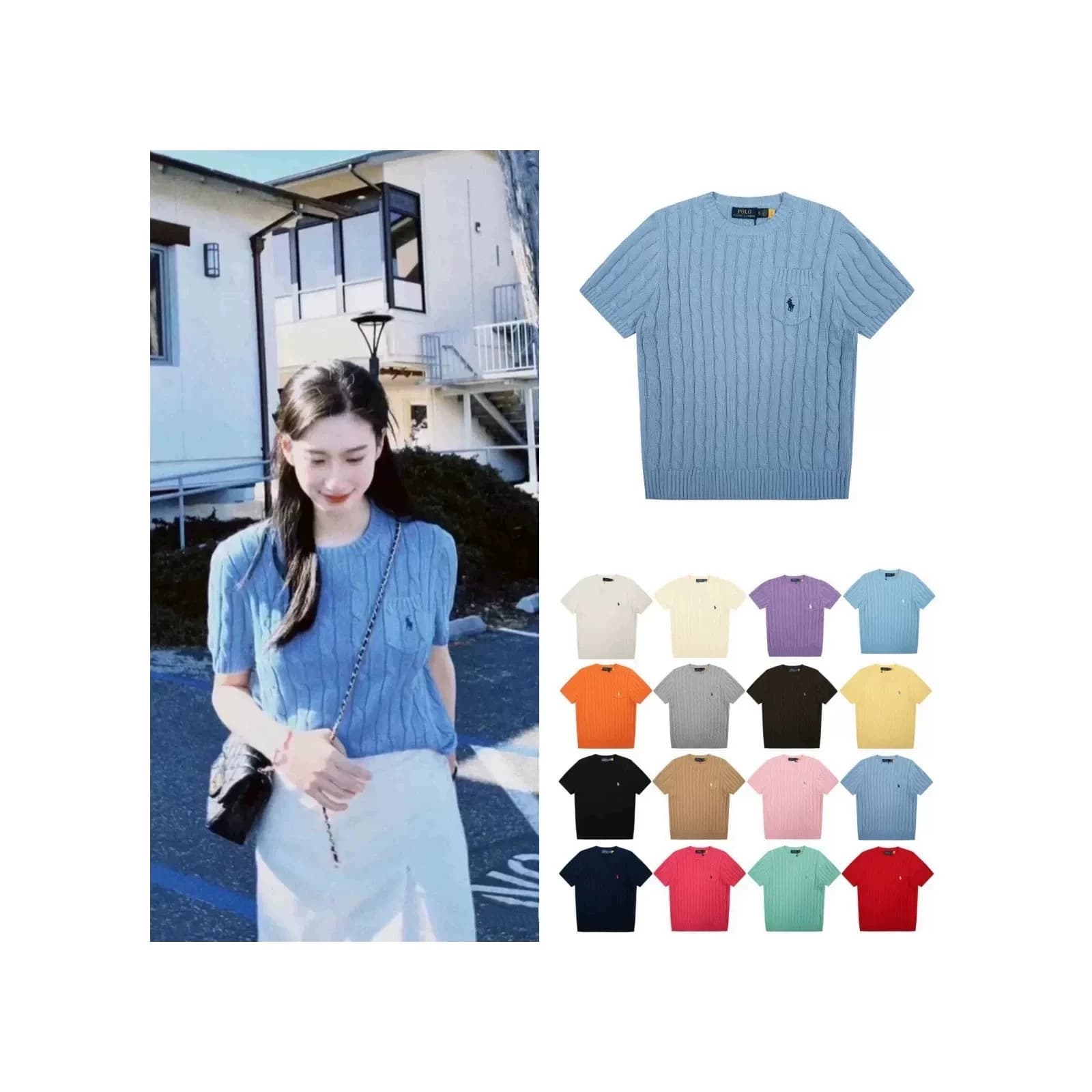 RL Lafe Knit Cable Pocket Short Sleeve T-Shirt with Small Pony Embroidery Women's Round Neck Cable Knit Base Layer Top