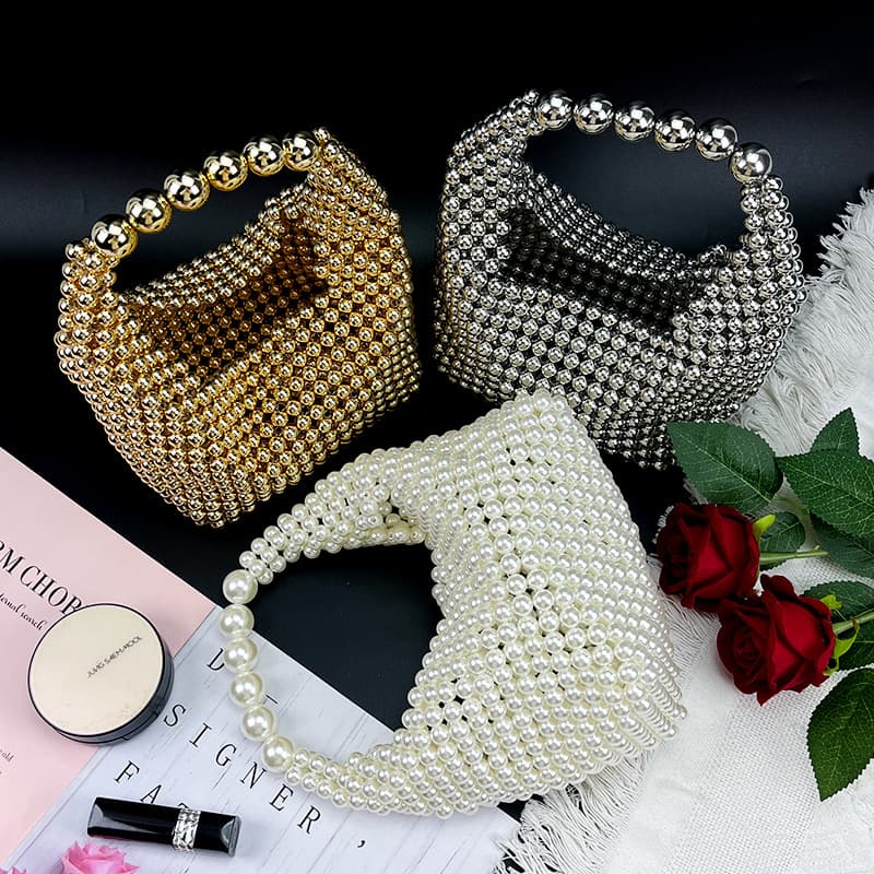 Beaded bag bead bag handmade silver bead metal texture high-end versatile retro woven woven handbag