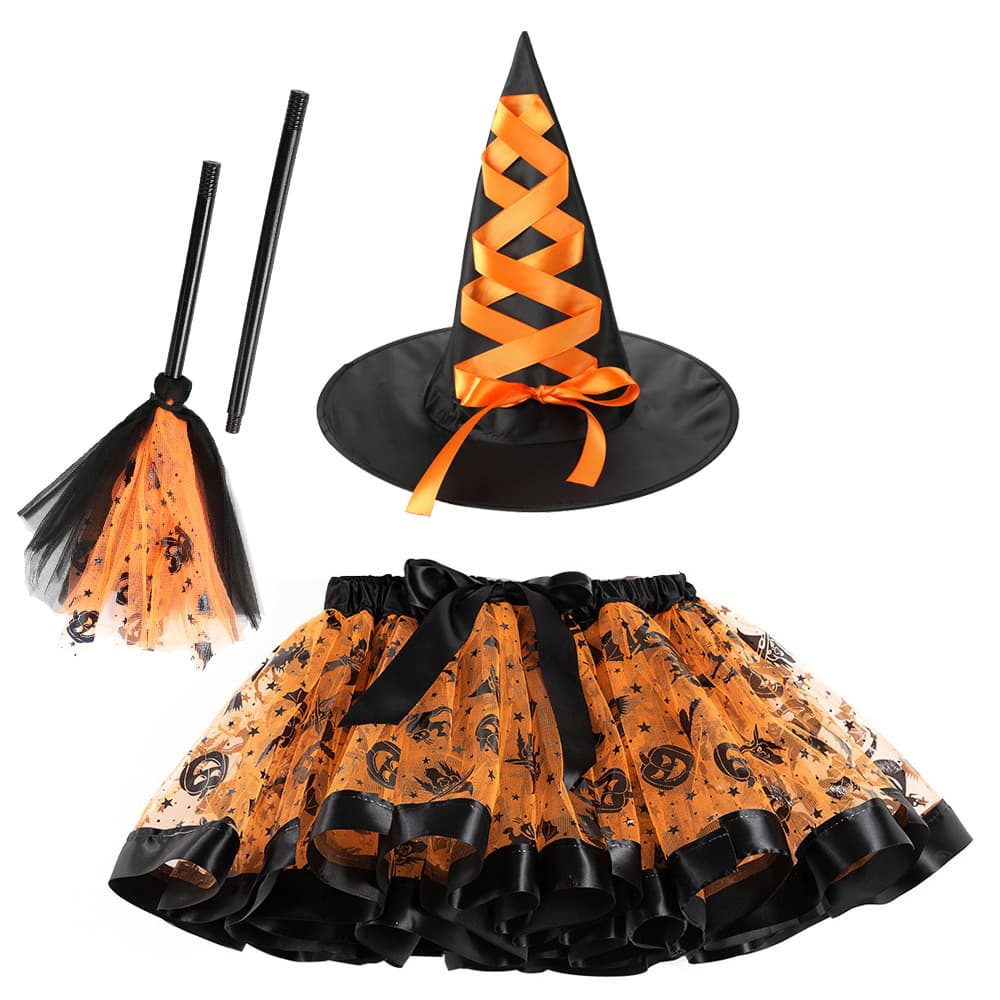 Halloween New Print Mesh Tutu Dress Witch Hat Broom Puffy Dress Three-Piece Set European and American Girls' Short Skirt