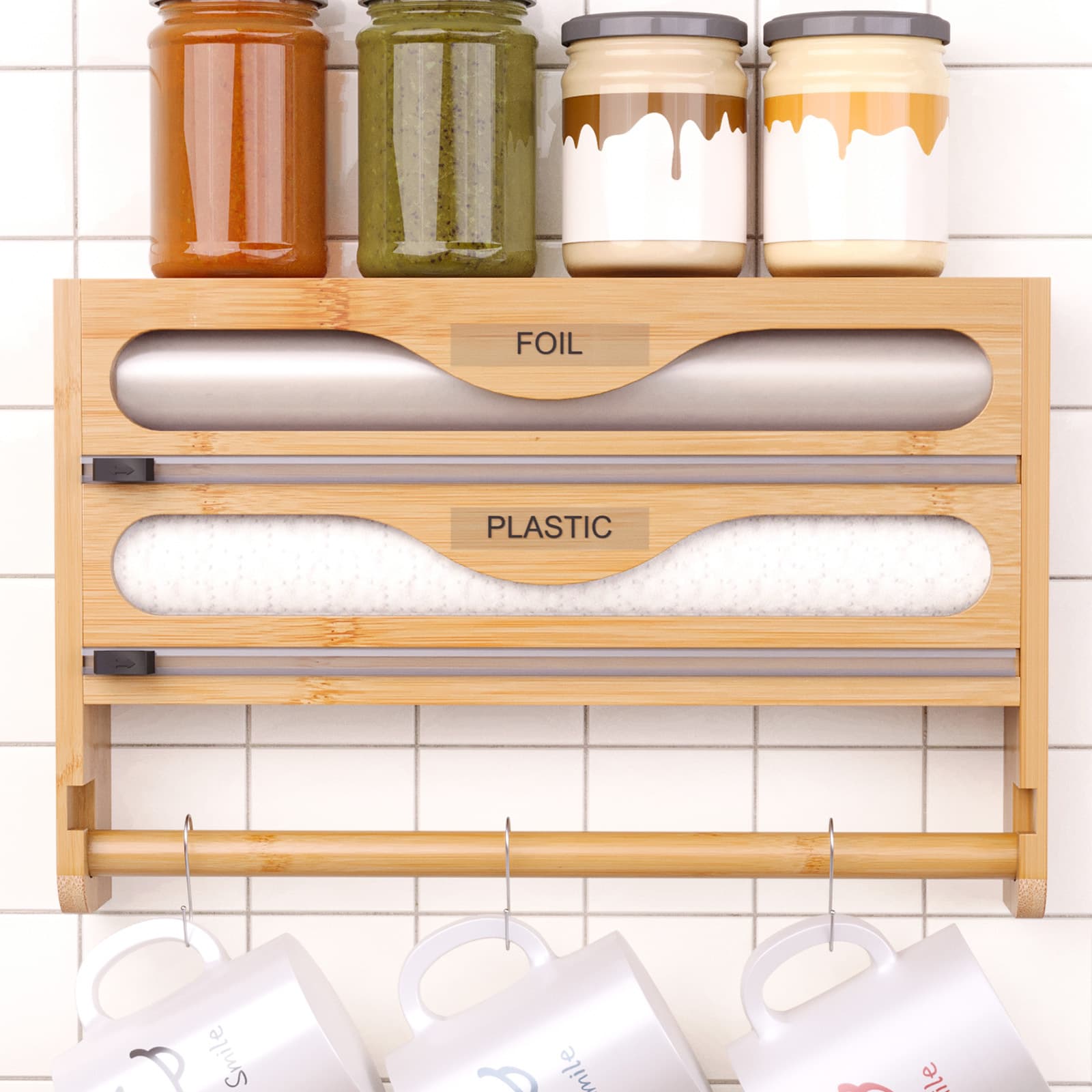 Simple Wall-Mounted Bamboo Kitchen Storage Box Foil Paper Cutter Multi-Grid Freshness Preservation Tool American Style