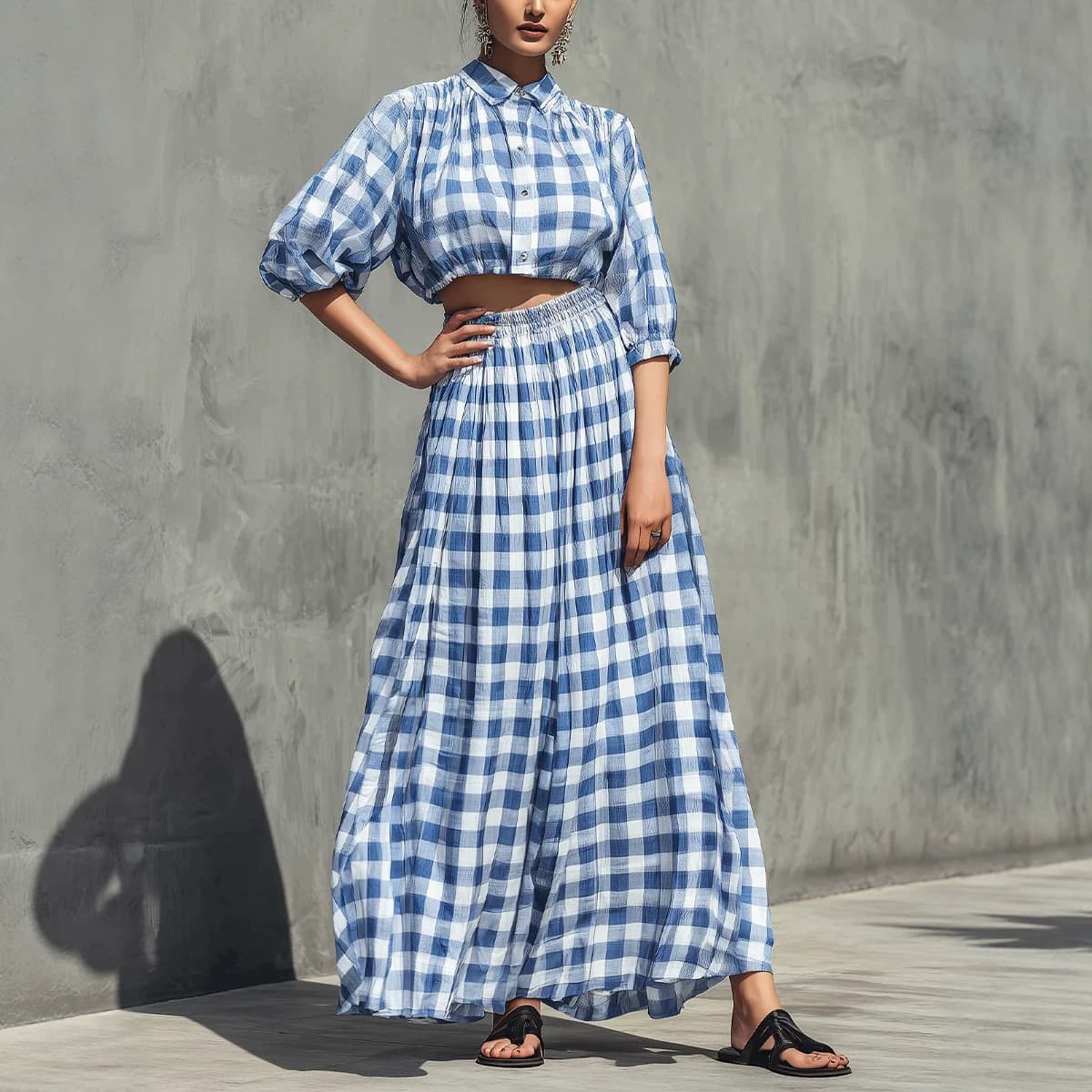 European and American blue and white plaid lapel short shirt with wide hem and long skirt two-piece holiday loose plaid suit for women