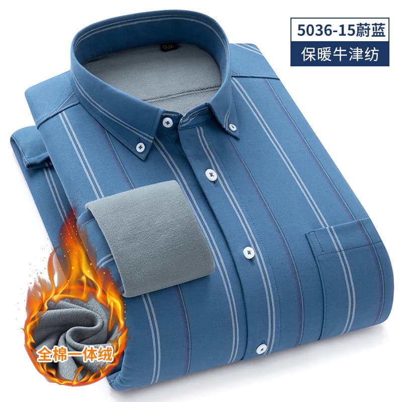 Promotional autumn and winter new vertical striped Oxford cotton shirt men's long-sleeved composite one-piece velvet thermal shirt for men