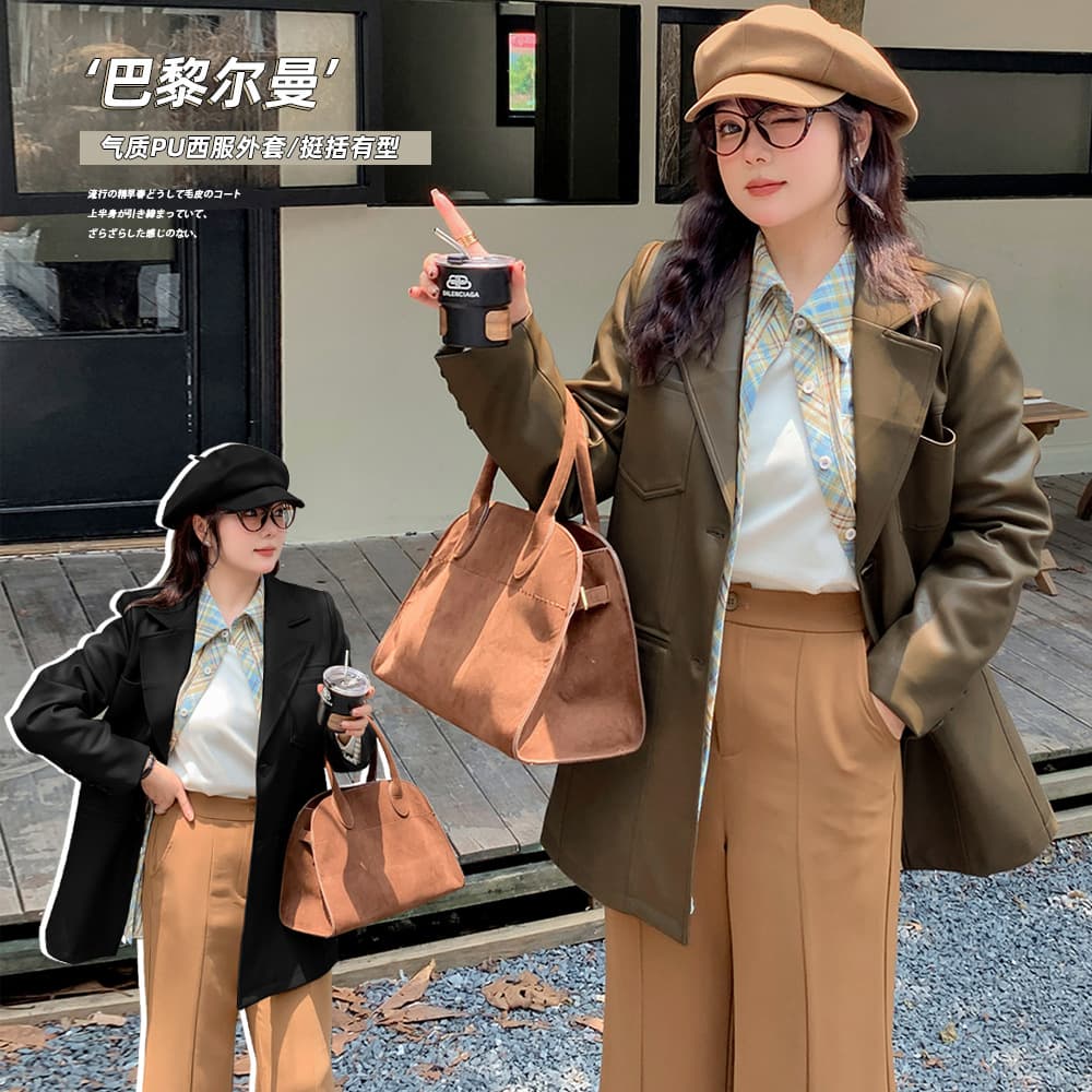 A522 Xuanchen Plus Size Korean Style Commuter Style Wide-Sleeve PU Suit Jacket Spring Casual Loose Long-Sleeve Top