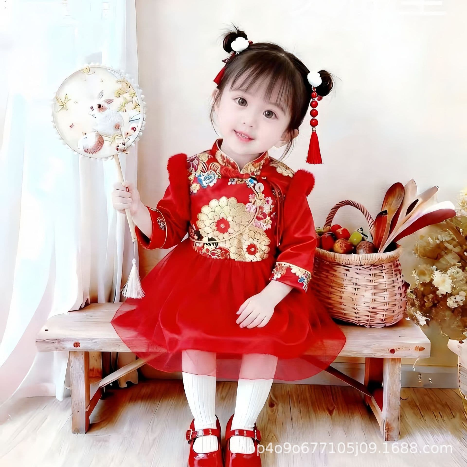 Chinese-Style Autumn and Winter Quilted Girls' Dress for Baby Girls' First Birthday, Princess Dress for Baby Girls, Festive New Year Outfit