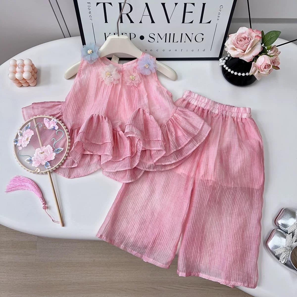 Summer Girls Korean Style Breathable Lace Vest Set 2026 Children Fashion Floral Doll Shirt Wide Leg Pants Set