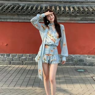 French Light Blue Floral Chiffon Dress for Women Summer Elegant Waist A-Line Short Dress Vacation Pretty Shirt Dress