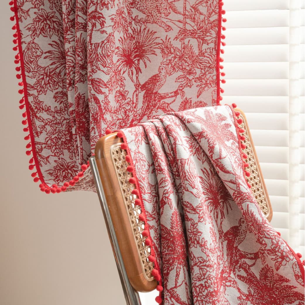 Qixin Curtain Christmas Red Pom-Pom Jacquard Curtain Ready-Made Kitchen Curtain Bay Window Semi-Blackout Factory Direct Door Curtain