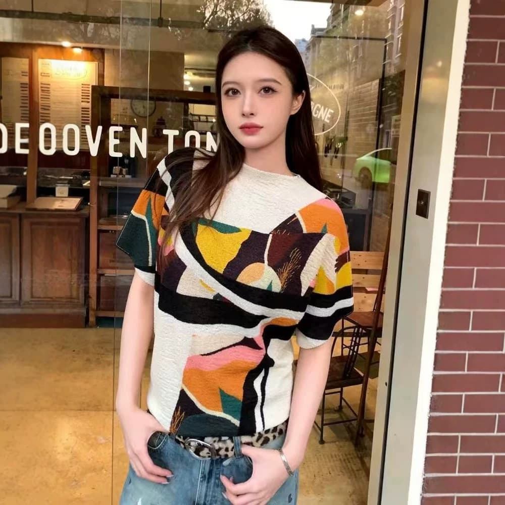 2026 summer new high-end retro printed chain H pleated T-shirt
