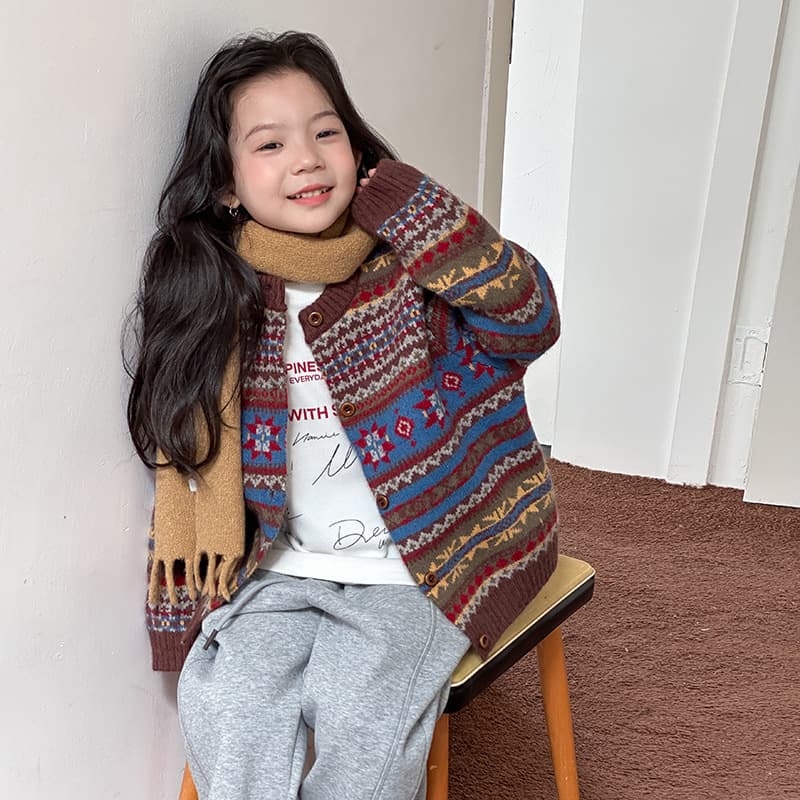 Elmo Baby Children's Wear 2025 Winter Girls' Retro Romantic Fair Isle Sweater Jacquard Sheep Wool Knit Cardigan