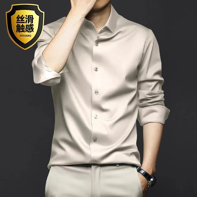 Men's Long-Sleeve Wrinkle-Resistant Non-Iron Business Dress Shirt for Spring/Autumn, Premium Ice-Silk Fabric, Black