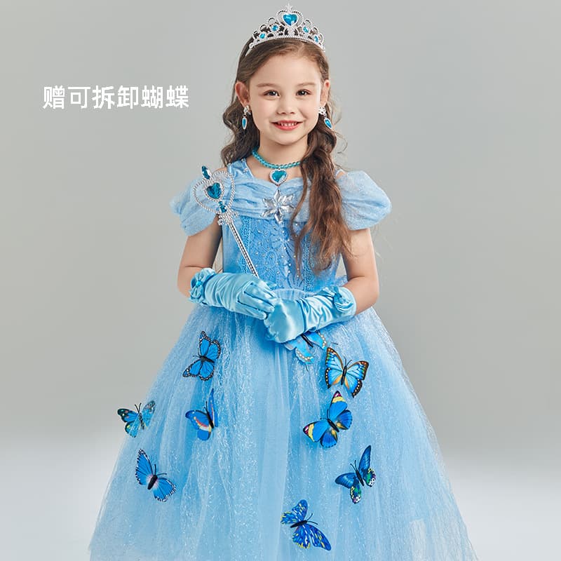Wholesale Cinderella Princess Skirt for Girls, Short Sleeve Frozen Elsa Dress Performance Costume, Butterfly Tulle Skirt