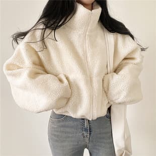 Stand Collar Short Sweatshirt Women Autumn Winter Fleece-Lined Thick Loose Ins Lazy Style Lamb Fleece Cardigan Zipper Jacket