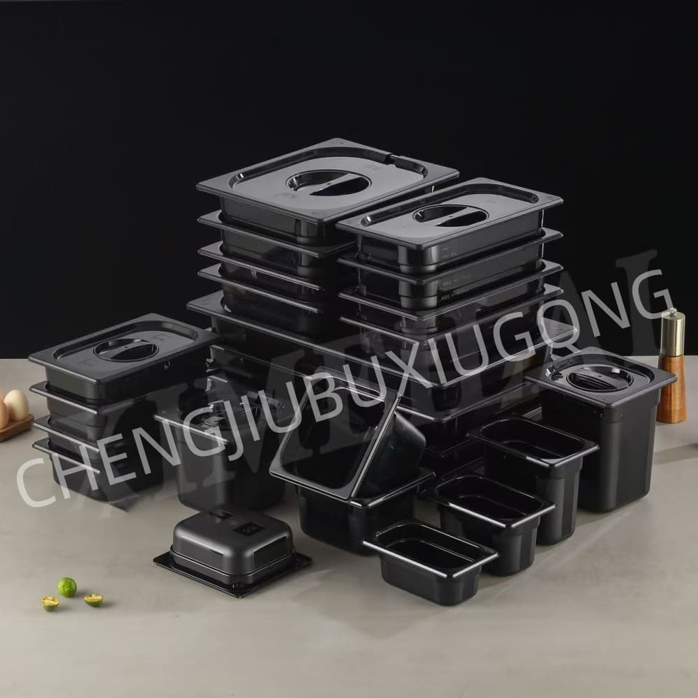 Transparent PC serving bowl, rectangular food container with lid, suitable for hot pot, black plastic serving bowl.