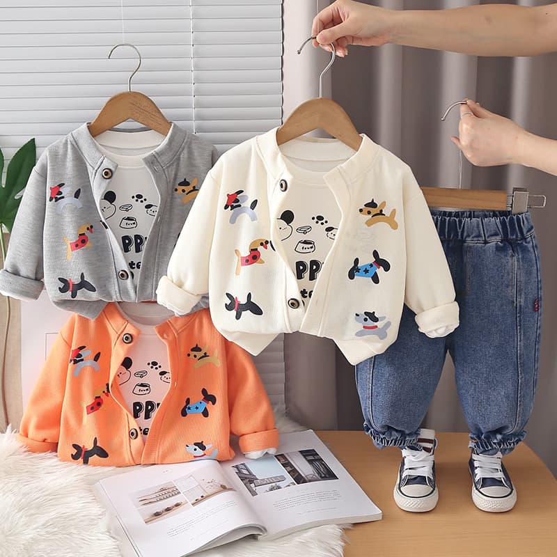 Kids Boys' Autumn Casual Cardigan Set 2026 New Little Boy Korean Cartoon Long Sleeve Three-Piece Set Wholesale