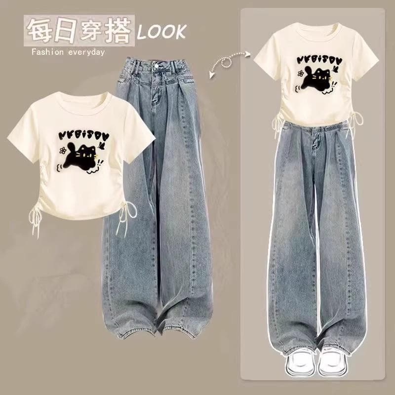 12-Year-Old Girl 15 Premium Short Sleeve T-Shirt 13-17 Middle School Student Jeans Summer Set