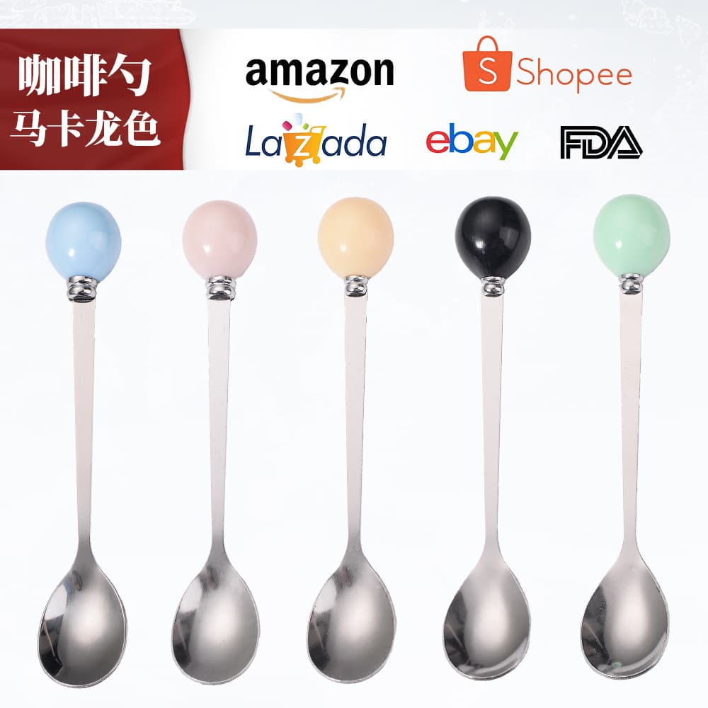 Creative spherical faux-ceramic macaron colored handle stainless steel coffee/dessert stirring spoon