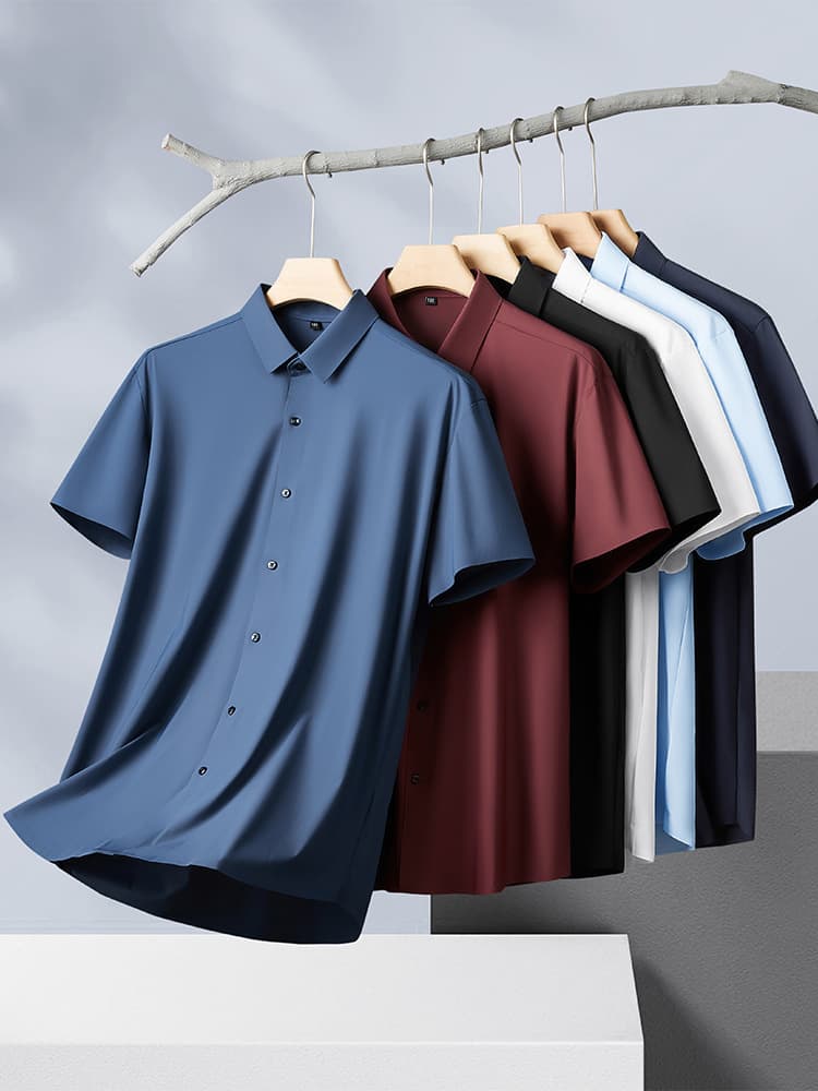 plus Size Summer Ice Silk Short Sleeve Shirt No Peculiar Smell High Elasticity Thin Pure Color Big Men's Clothing Washable