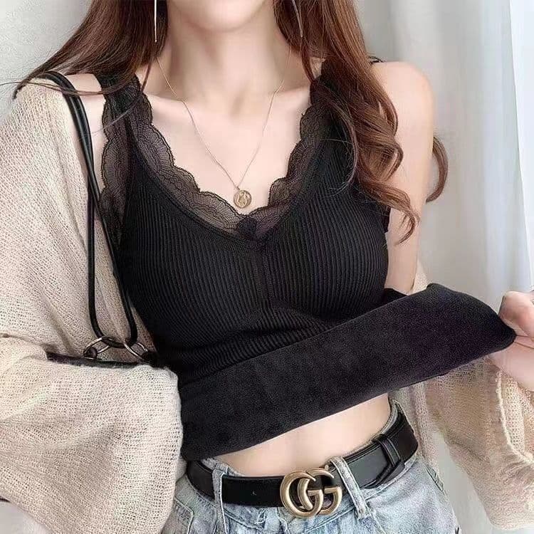 Temperature-Locking Heat-Accumulating Lace Warm Vest for Women, Fleece-Lined Thickened Plus Size Slimming Fitted Base Layer Underwear with Built-in Pads
