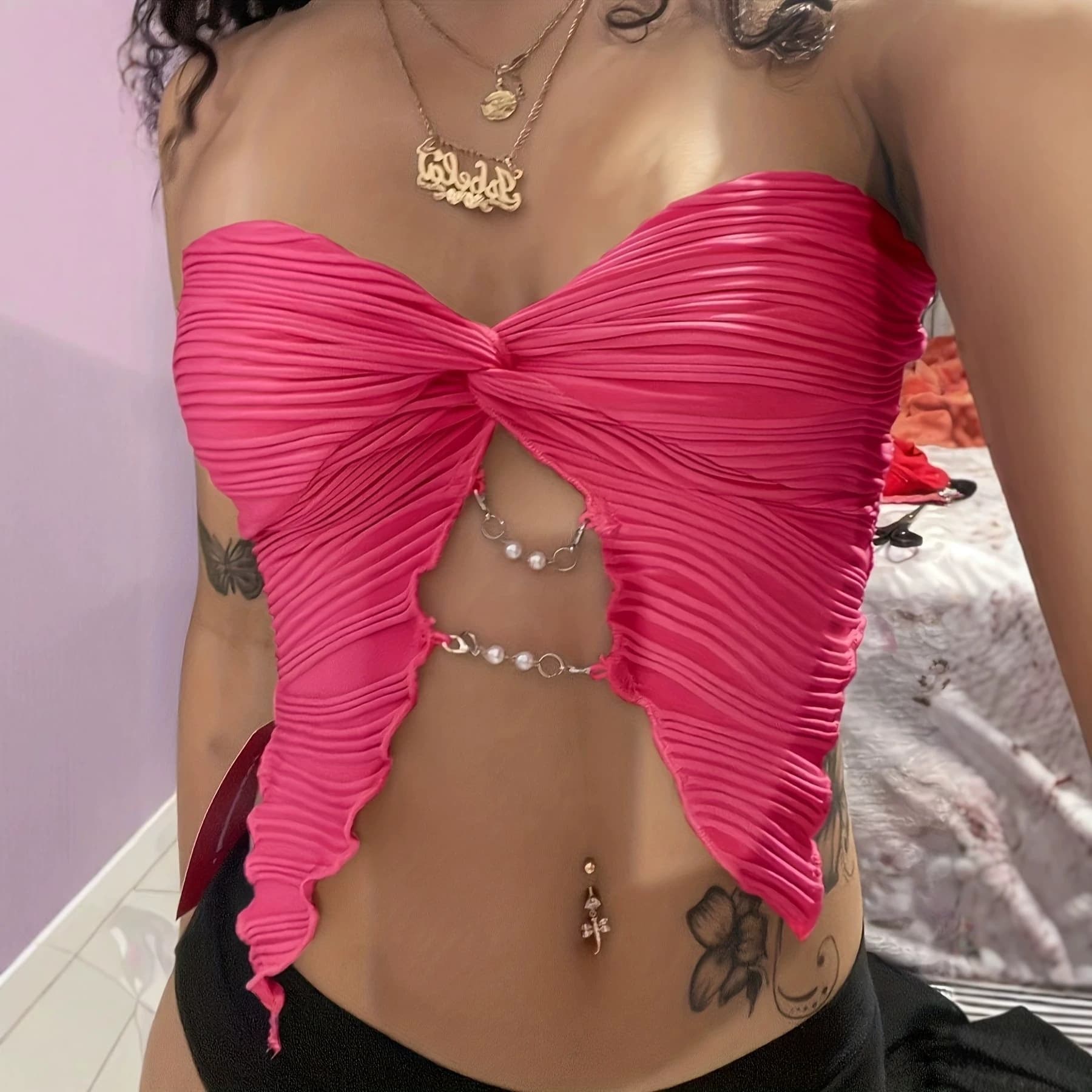 Strapless Bandage Butterfly Ruffle Cutout Pearl Chain Sexy Crop Top Summer Going Out