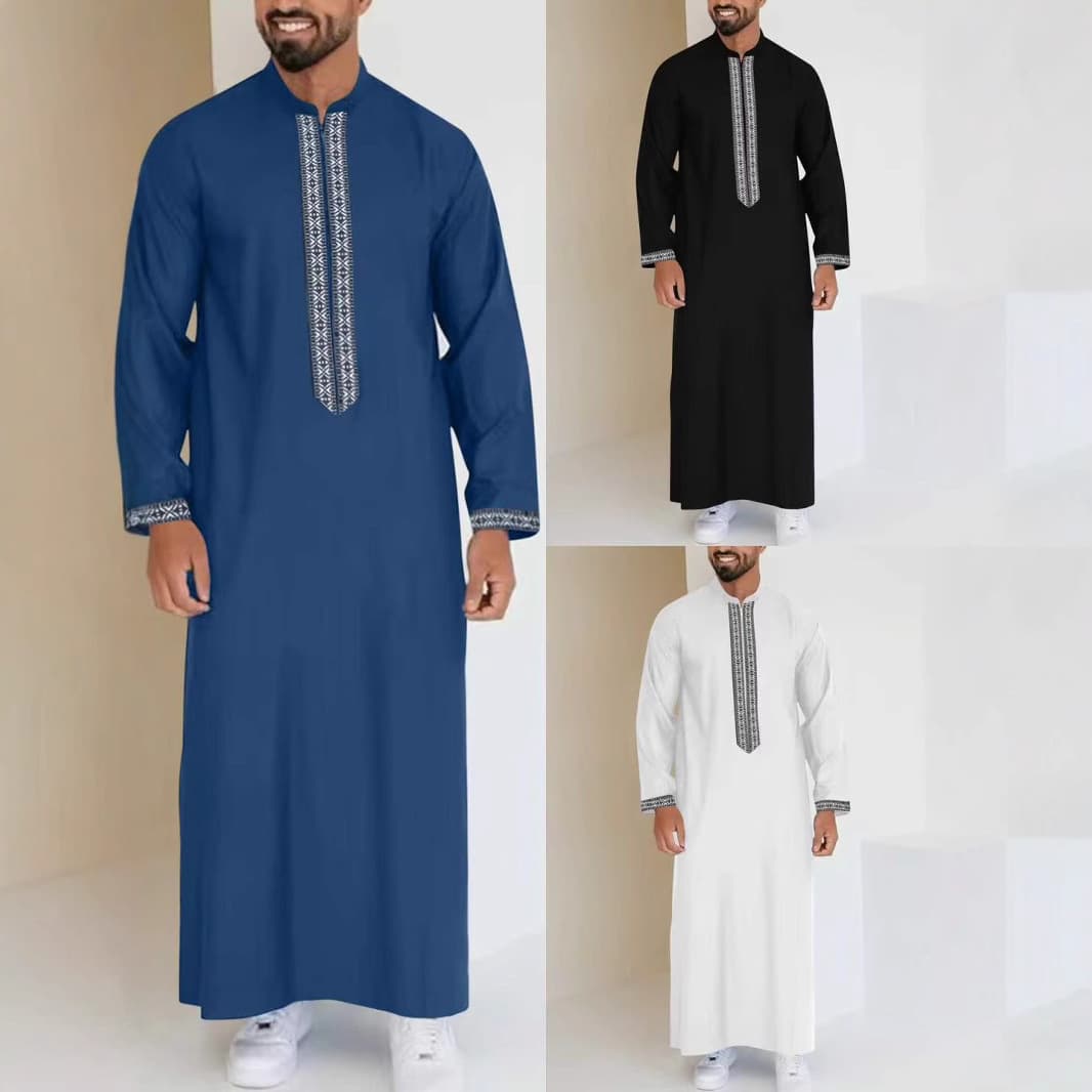 2025 Cross-border E-commerce Amazon Arabic Style Simple Long Men's Stand Collar Zipper Muslim Robe