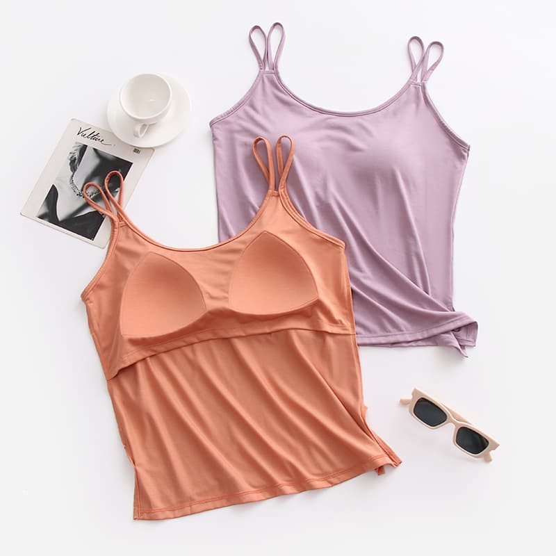 Women's All-in-One Summer Thin Top with Built-in Bra Cups, Double Shoulder Straps and Suspenders, Anti-Bump Homewear