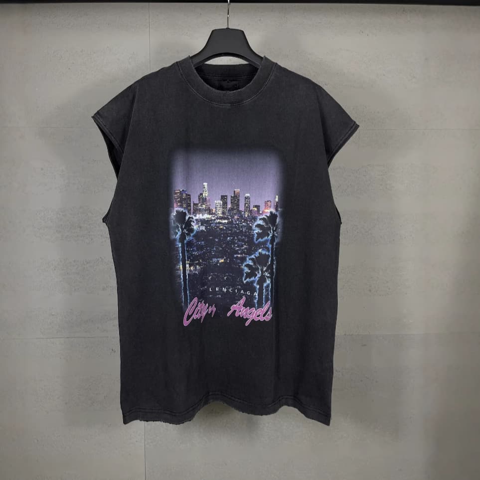 High Version Paris 2025 New Los Angeles Night Scene Direct Spray Printing Washed Vest Distressed Loose Sleeveless T-Shirt
