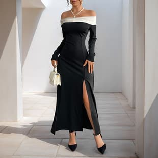 TEMU 2026 Fall/Winter New Elegant Hepburn Style Dress Color-Block One-Shoulder Slit Long Dress