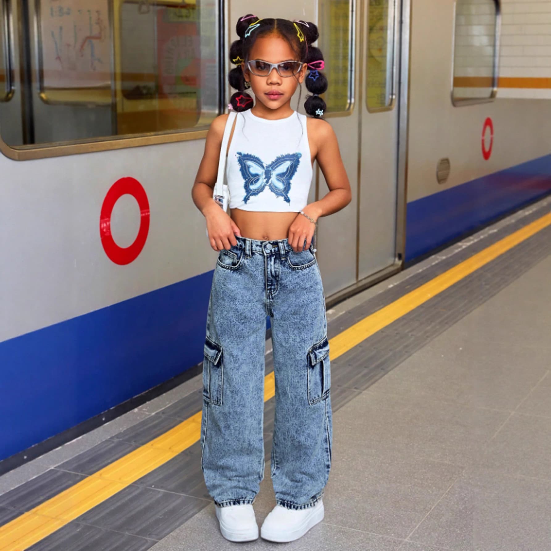 Children's Denim Factory Four Seasons Children's Loose Wide-Leg Casual Denim Girls' Elastic and Versatile Work Jeans