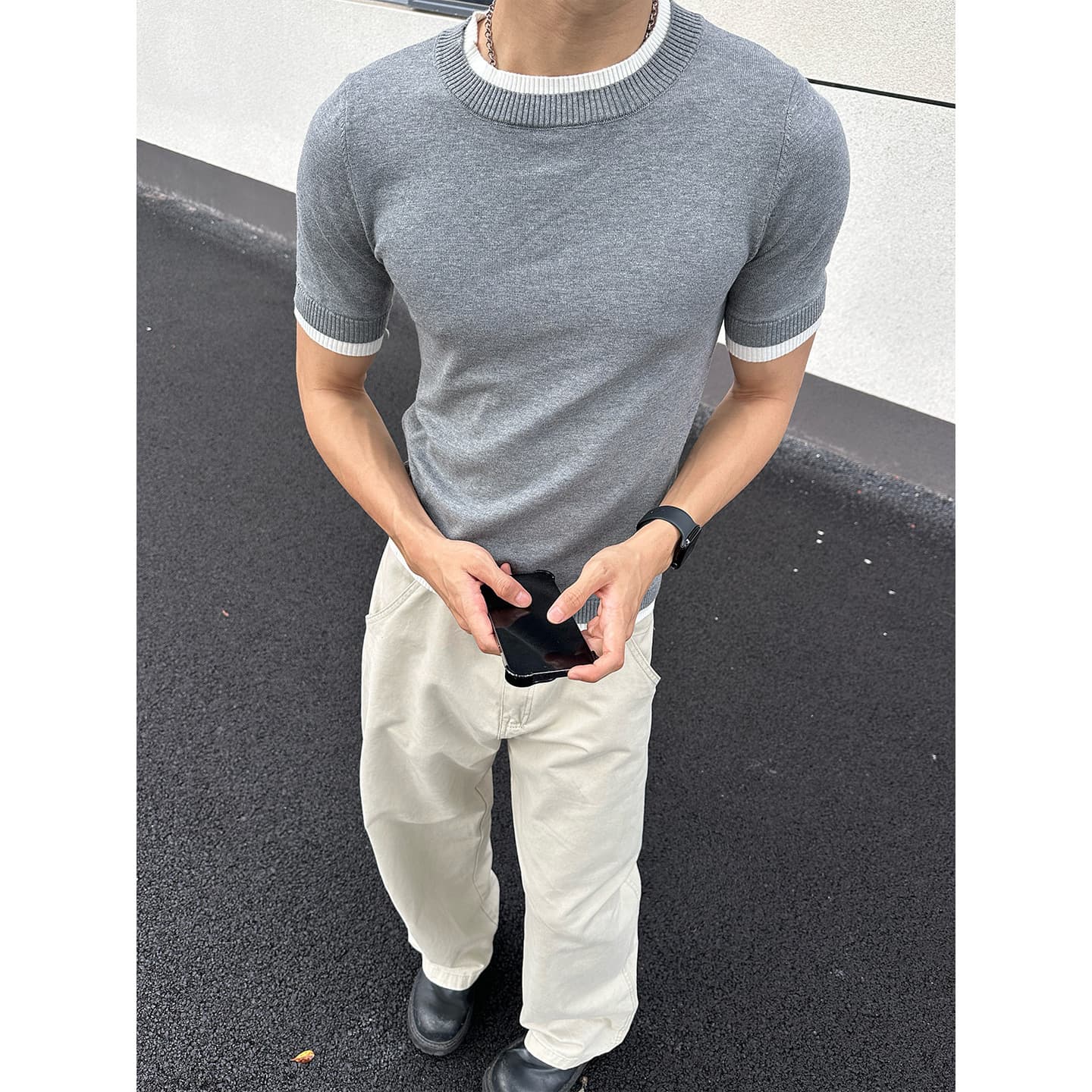 2026 European Luxury Men's Knitted Ice Silk Short Sleeve T-Shirt Color Block Fashion Casual Versatile Summer Top