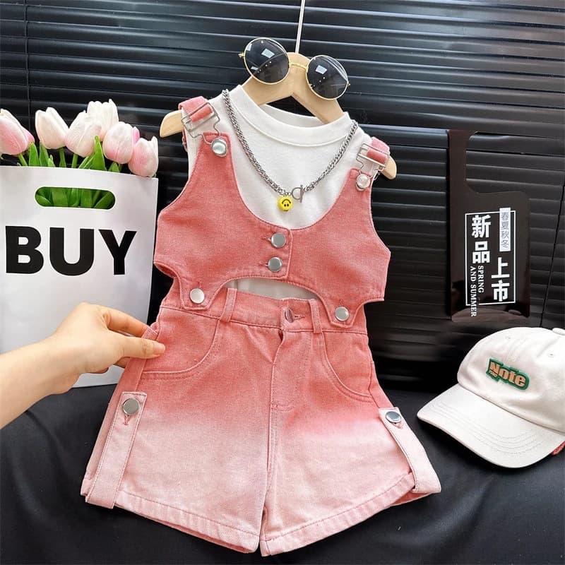 2026 Summer New Fashionable Gradient Denim Lightweight Breathable Camisole Vest Denim Shorts Three-Piece Set