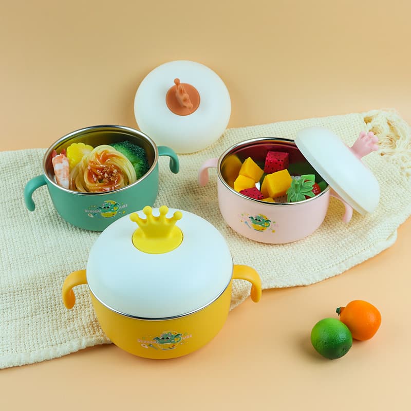 New Cartoon Baby Food Bowl, Kids 304 Stainless Steel Anti-Drop Anti-Scald with Handle, Baby Tableware Bowl