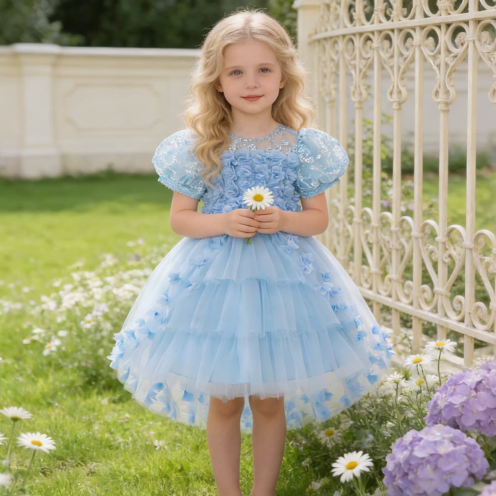 Kids Princess Dress Birthday Party Tutu Dress Flower Girl Party Dress 3D Floral Dress