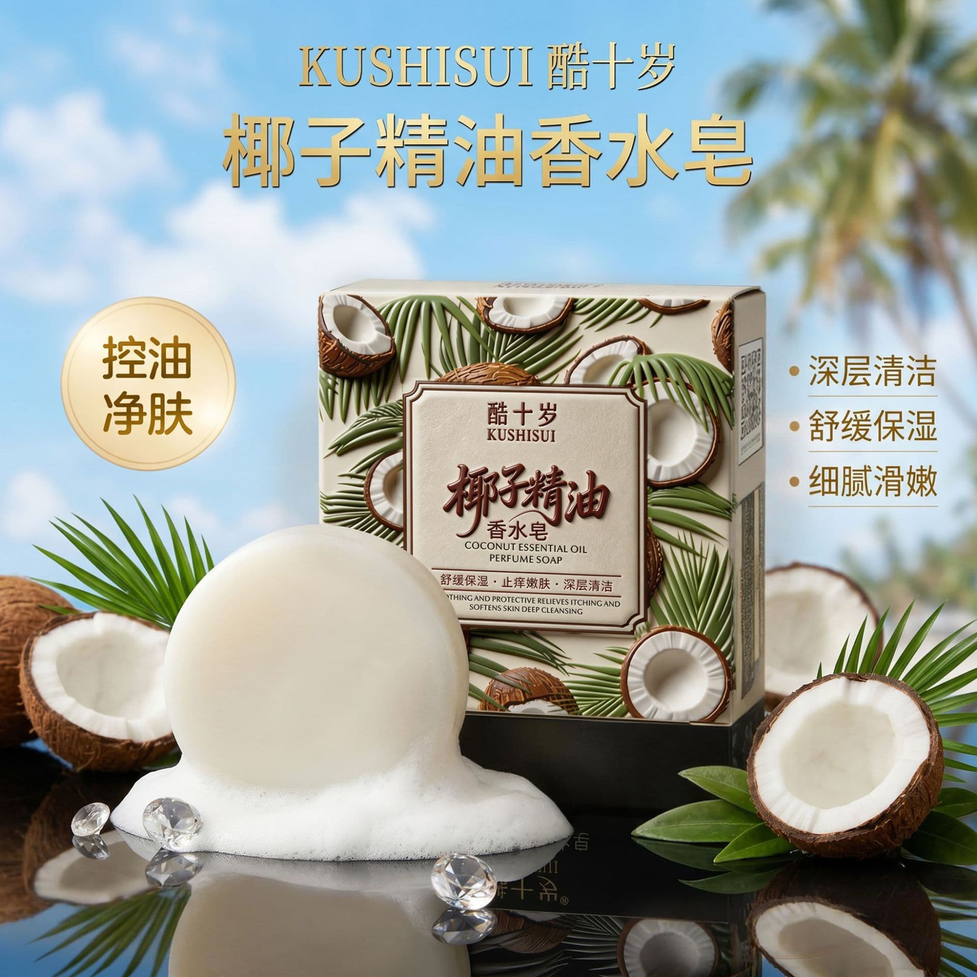 KUSHISUI Coconut Essential Oil Perfume Soap - Soothing, Moisturizing, Cleansing, Nourishing, Itch Relief, Skin Softening, Scented Handmade Soap