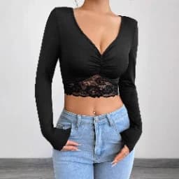Amazon Cross-Border EU-US V-Neck Crop Top Sheer Unique Slim Lace Trim Black Short