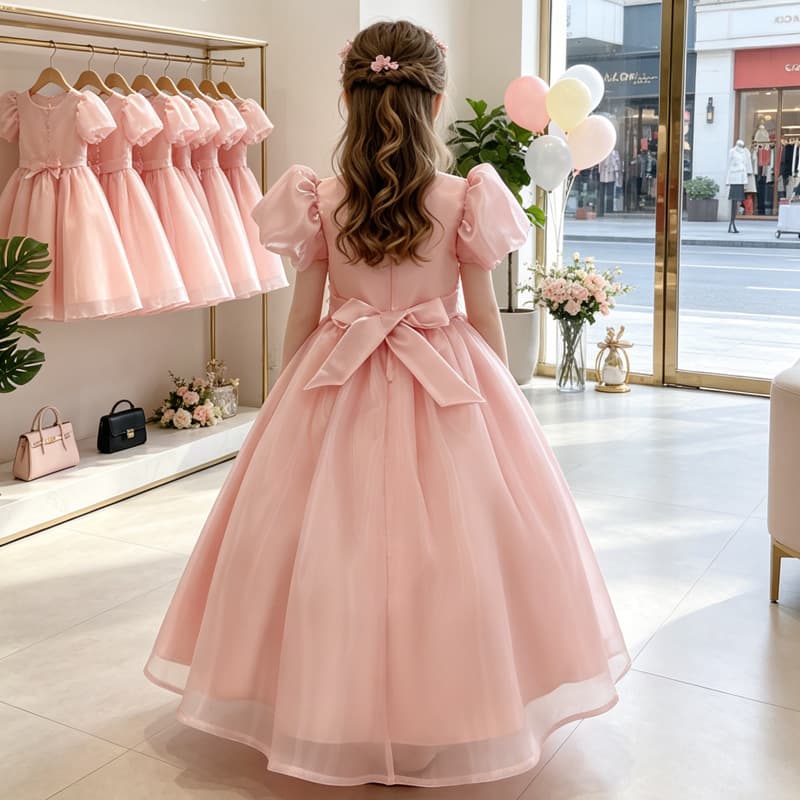Heavy Embroidery Puff Sleeve Girls Pink Long Dress with Big Tulle Skirt for Hosts, Flower Girls, and Stage Performances