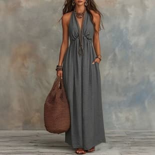 New Summer Slimming Sleeveless Halter V-Neck Linen Maxi Dress for Women, Resort Style, for Amazon Cross-Border Sales in Europe and America