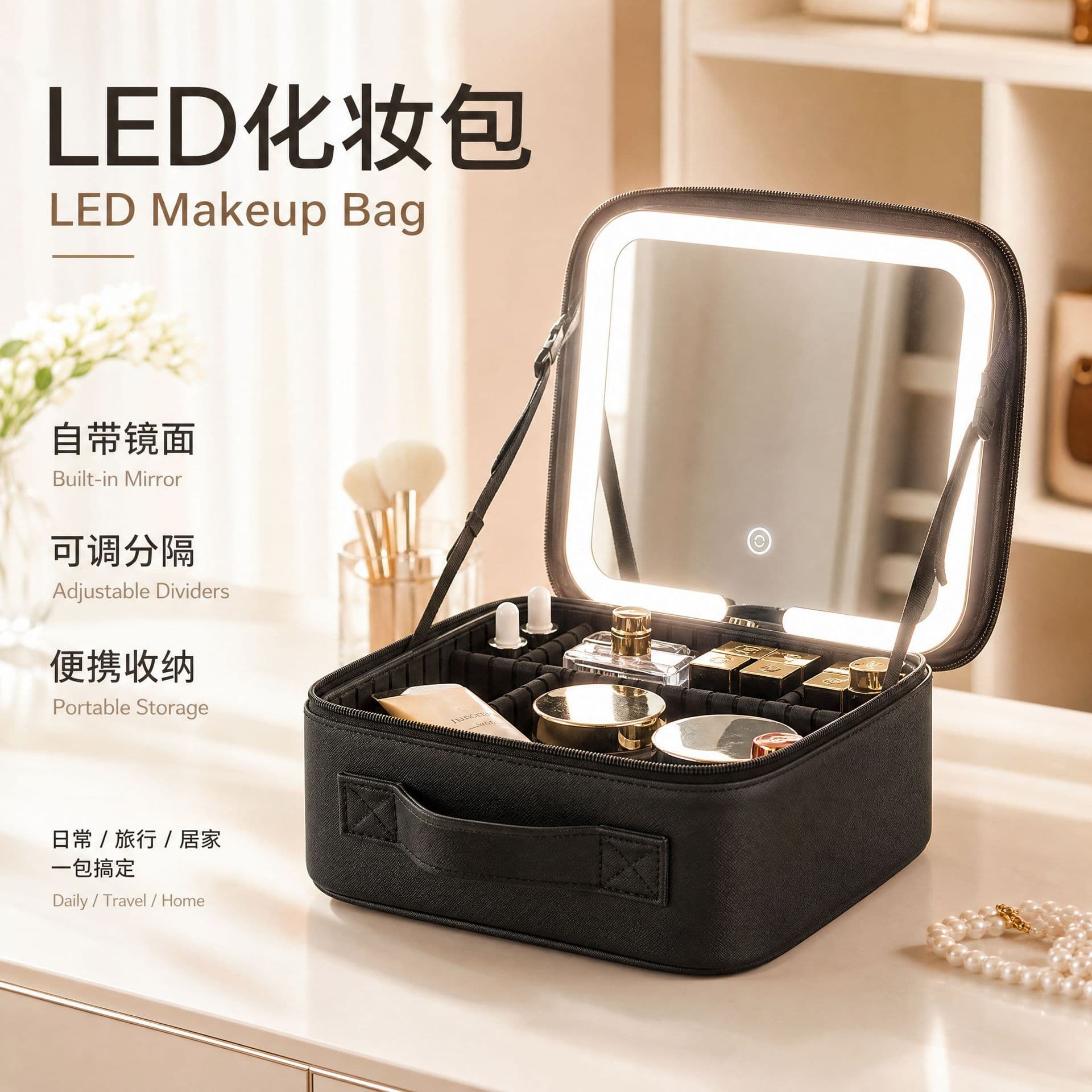 LED Lighted Full-Length Mirror Cosmetic Bag Portable Women's Makeup Case Large Capacity Cosmetic Storage Organizer Box